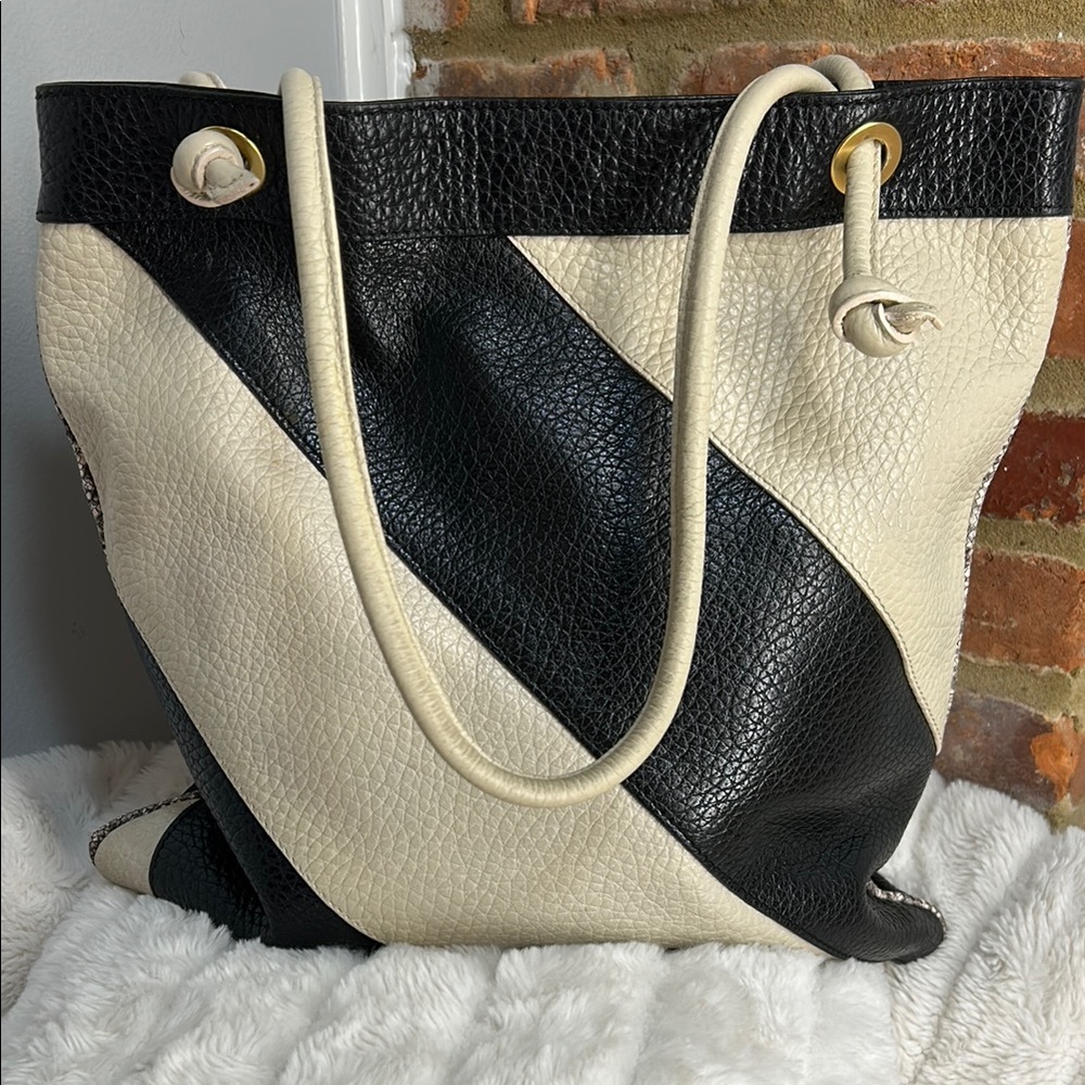 Anthropologie Black and Cream Tote Bag with gold details soft grain leather